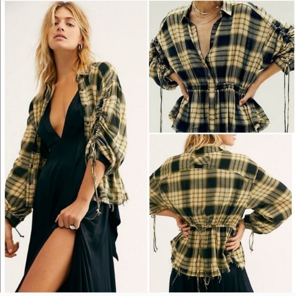 NEW $118 Free People Pacific Dawn Plaid Shirt XS Black